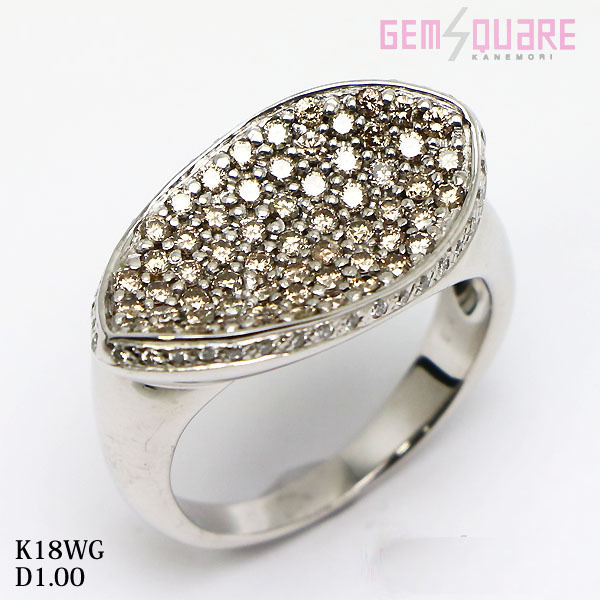 【値下げ交渉可】K18WG ダイヤモンド リング 指輪 ブラウンダイヤ パヴェ D1.00 8.6g 15号 仕上げ済_画像1