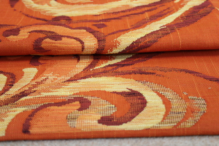 きもの今昔６２３２　名古屋帯　西陣織　ザックリ紬の八寸かがり仕立て　六通柄付き　橙色濃淡渦模様_画像6