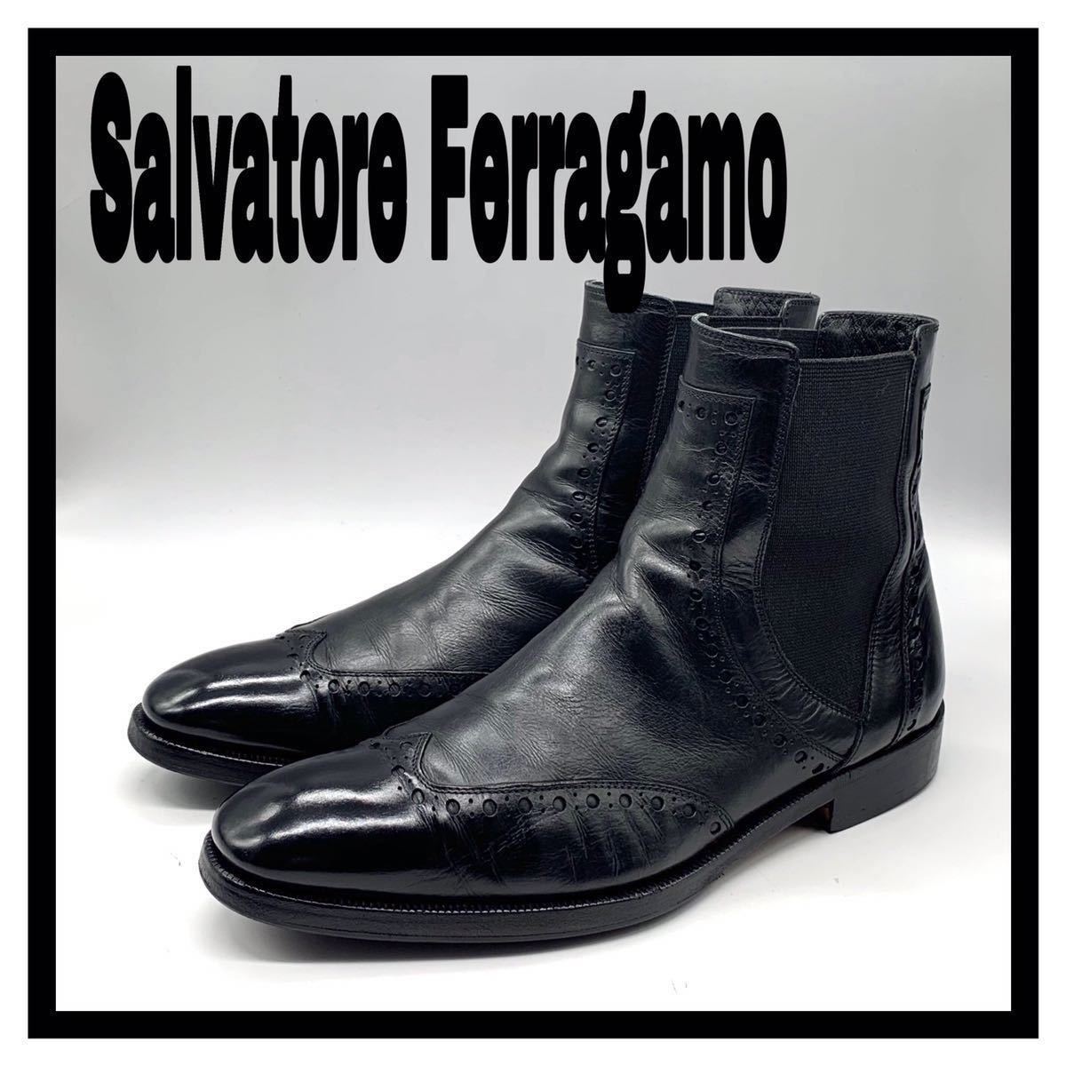 Salvatore Ferragamo (サルヴァトーレフェラガモ) サイドゴアブーツ チェルシーブーツ ウイングチップ レザー ブラック 黒 US7 25cm 革靴