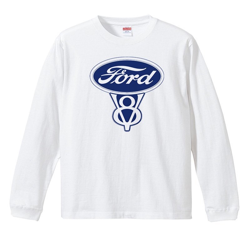 フォード ロングTシャツ リブ付き 白 (S/M/L/XL) 長袖 マスタング f100 f150 ホットロッド V8 fordの画像1