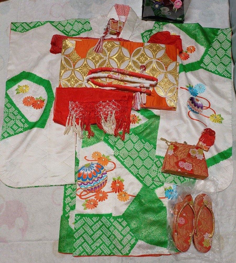 七五三7歳祝着物正絹フルセット部分絞り刺繍すすき野金彩比翼仕立てはこせこジュニア用袋帯