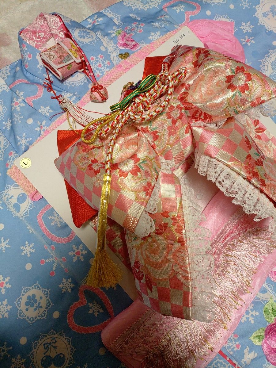 七五三7歳祝着物化繊フルセット松田聖子ブランド水色薔薇はこせこ作り帯