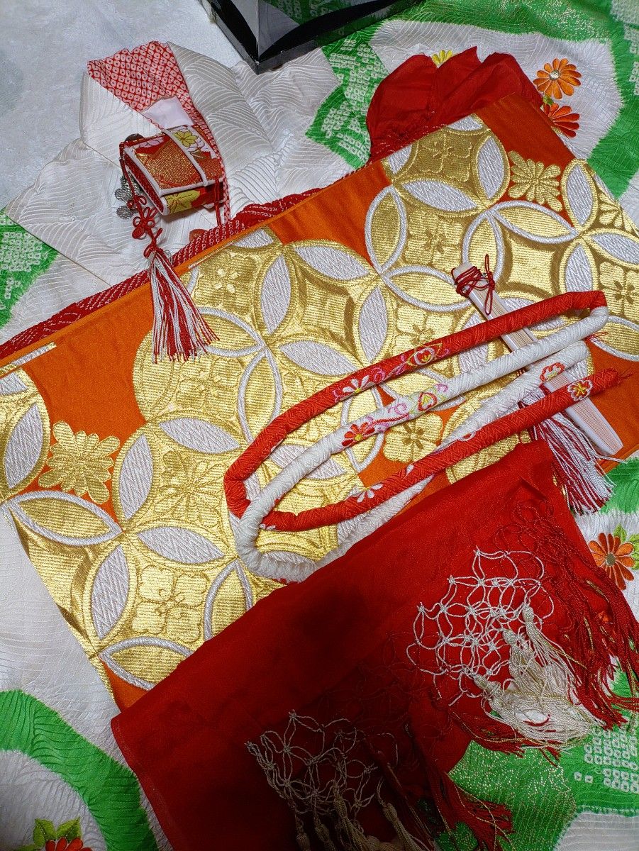 七五三7歳祝着物正絹フルセット部分絞り刺繍すすき野金彩比翼仕立てはこせこジュニア用袋帯