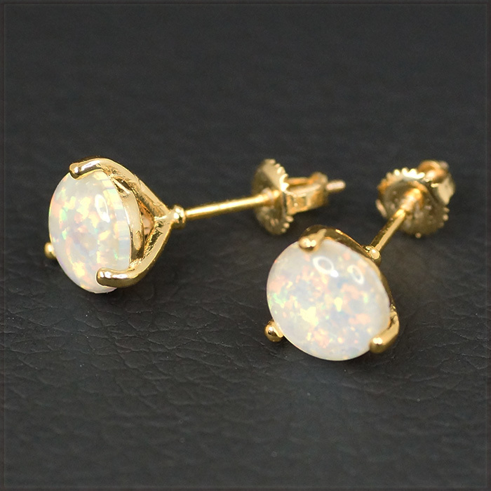 [EARRING] 18K Gold Plated φ7mm ホワイト ファイアプレシャス オパール ストーン 3つ爪 スクリューキャッチ スタッドピアス_画像1