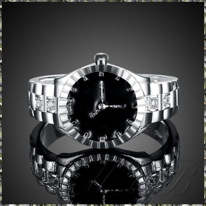 [RING] Silver & Black Watch Shape Ring シルバー & ブラック 腕時計形 CZ ウォッチ バンド シルバーリング 15号_画像1
