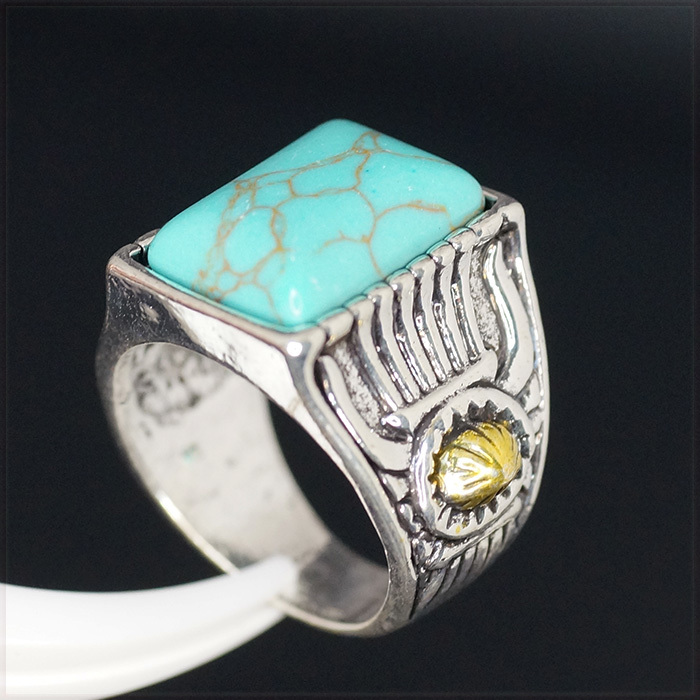 [RING] Antique Design Turquoises Stone レクタングル ターコイズ ブルー ストーン シルバー & ゴールド 19mm ワイド リング 13号_画像2