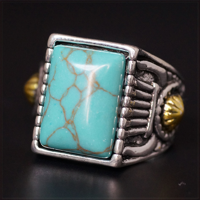 [RING] Antique Design Turquoises Stone レクタングル ターコイズ ブルー ストーン シルバー & ゴールド 19mm ワイド リング 13号_画像7