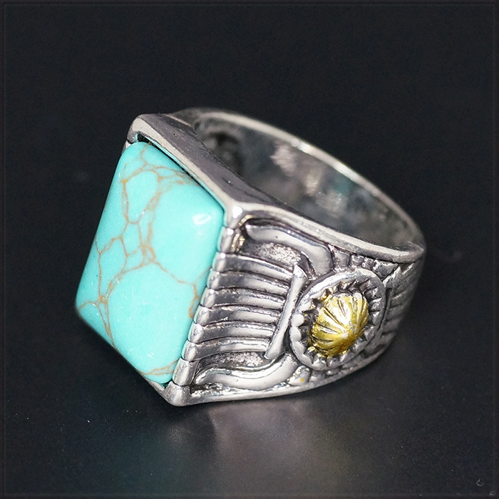 [RING] Antique Design Turquoises Stone レクタングル ターコイズ ブルー ストーン シルバー & ゴールド 19mm ワイド リング 20号_画像4