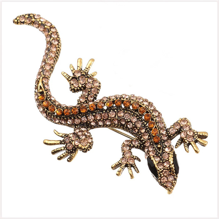 [BROOCH] Beautiful Lizard ブラウンライン キラキラ CZ シャンパン ゴールド トカゲ (ヤモリ イモリ) ブローチ (ペンダント トップ)の画像2