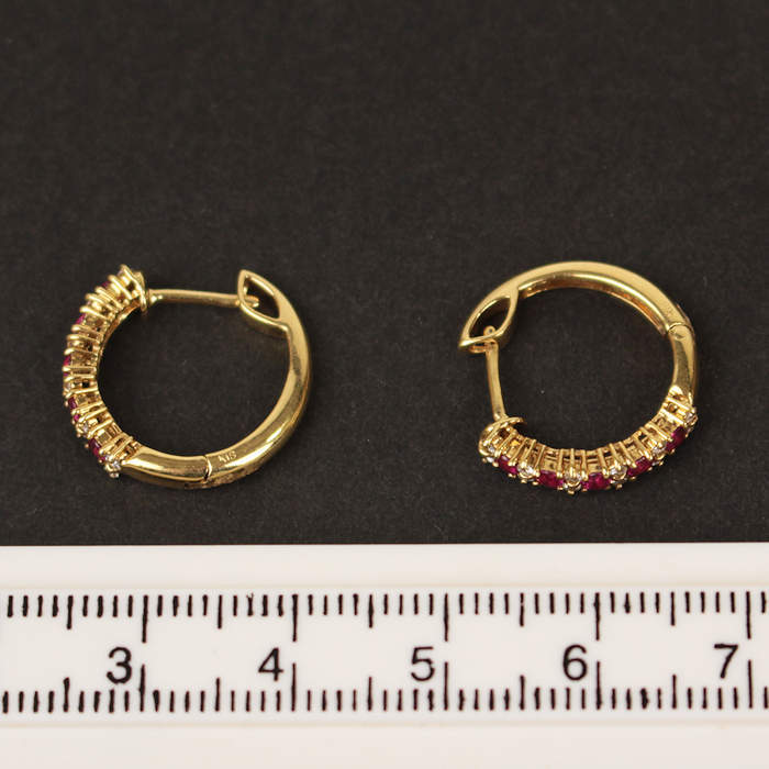 K18 рубин бриллиант обруч серьги диаметр примерно 16mm серьги-кольца 18 золотой желтое золото 21296