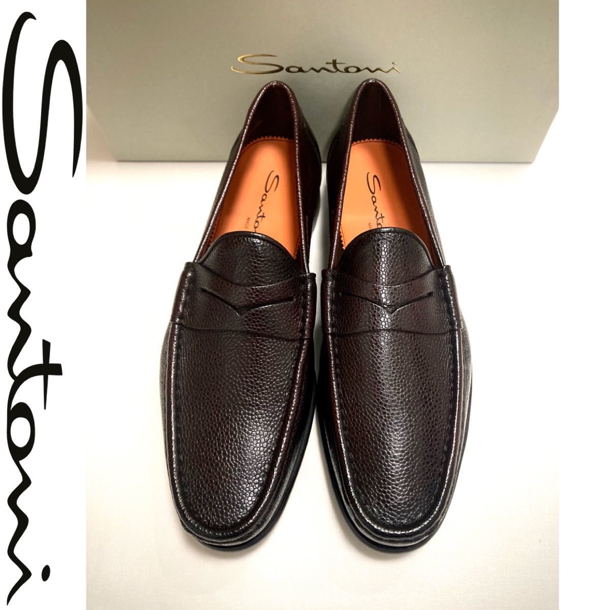 新品未使用 SANTONI サントーニ 高級ライン10.5万円 コインローファー ビジネスシューズ イタリア製 正規店購入品 ダークブラウン_画像1