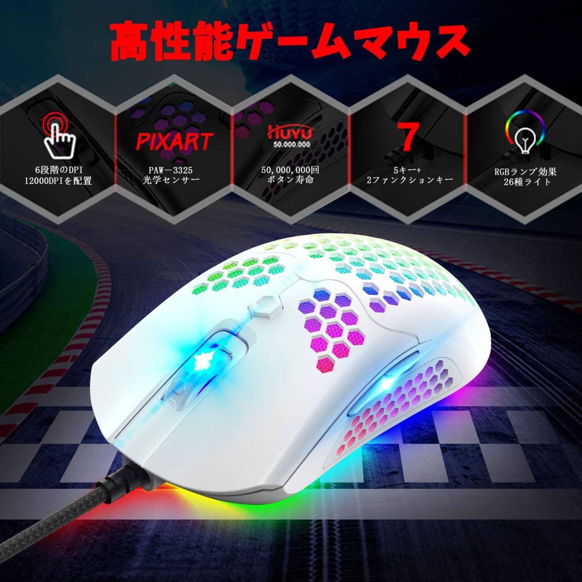 ホワイトミックス メカニカルゲーミングキーボードマウス、3 in 1セット、LEDバックライト付き有線 RGB 12000DPI軽_画像3