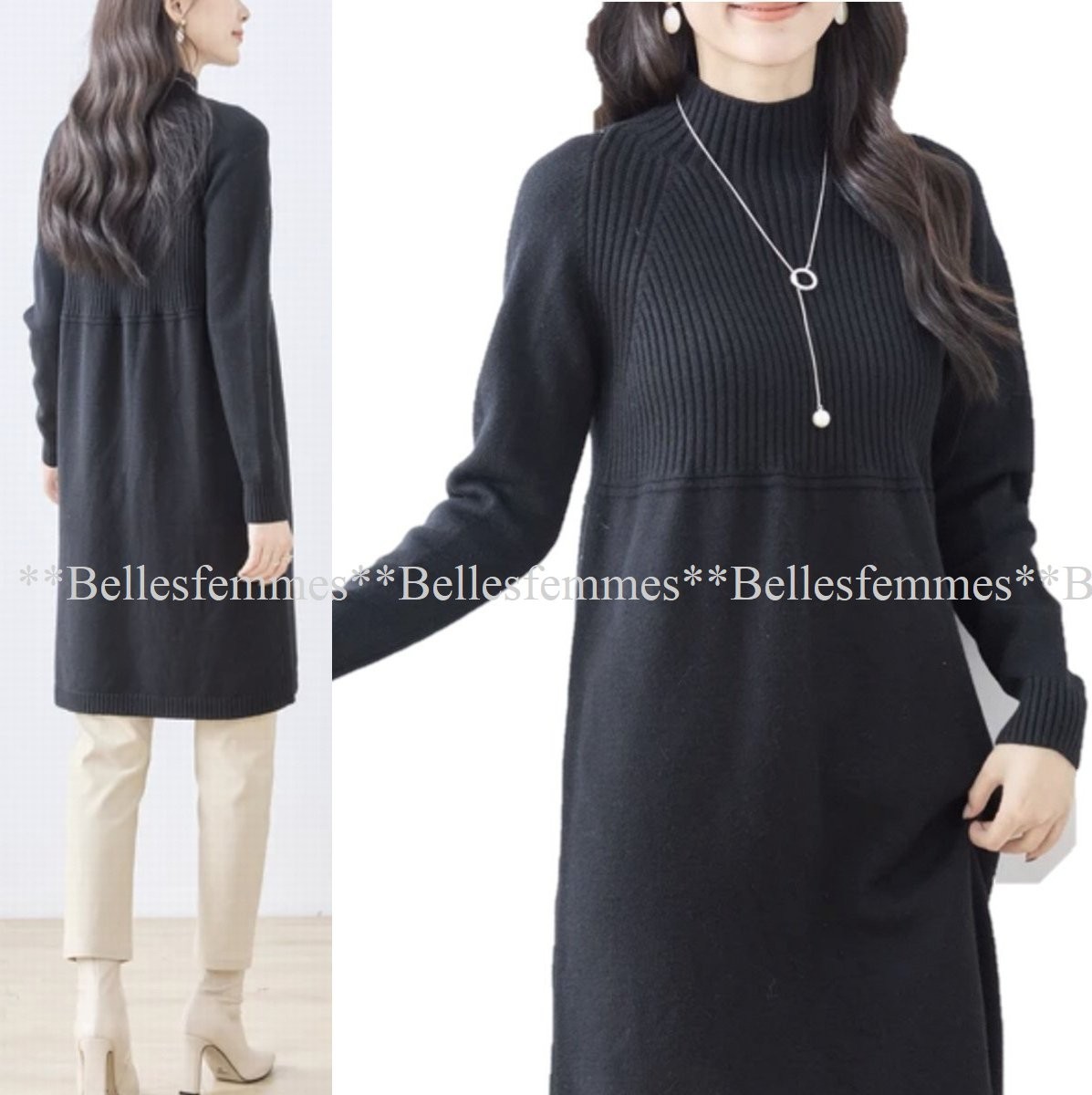 ★Belles*★送料185円★新品M～L★しっとりもっちり暖かニット*リラックス感とお洒落を兼ね備えた*大人女性のニットチュニック*268黒*TRUBE_画像3