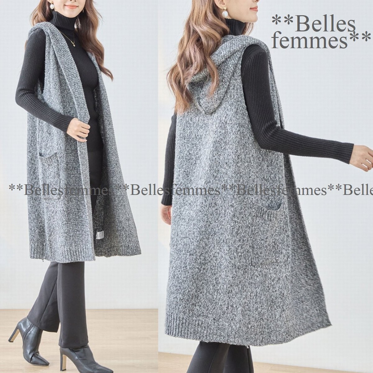 ★Belles*★送料185円★新品★こなれ感溢れるスタイル*大人女性のロングベスト*フード/ポケット付ざっくりニット*M～L/XL*162杢GR*TRUBE_画像1