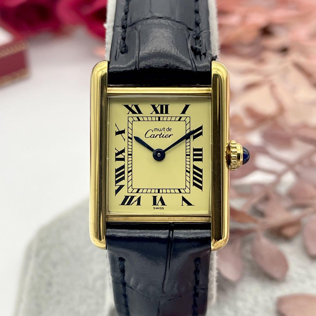 T541 磨き・電池交換済 Cartier カルティエ ヴェルメイユ マストタンクSM アイボリー文字盤×黒ストラップ クォーツ 電池式 腕時計_画像3