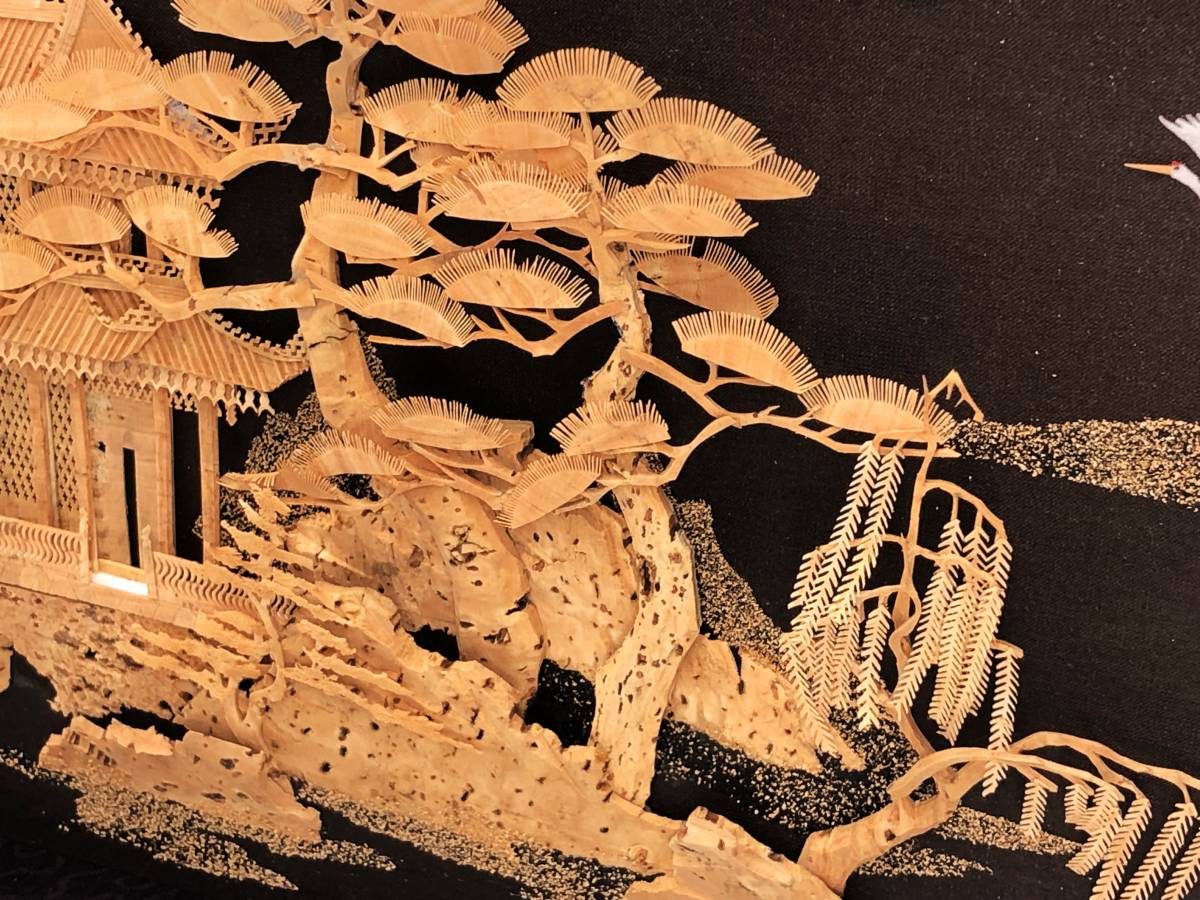 【中国古玩　コルク彫刻】　山水木画　額装　20世紀前半　輸出工芸品　　　N1017F_画像6