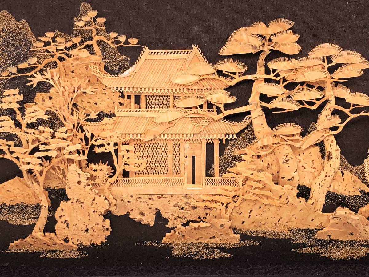 【中国古玩　コルク彫刻】　山水木画　額装　20世紀前半　輸出工芸品　　　N1017F_画像2