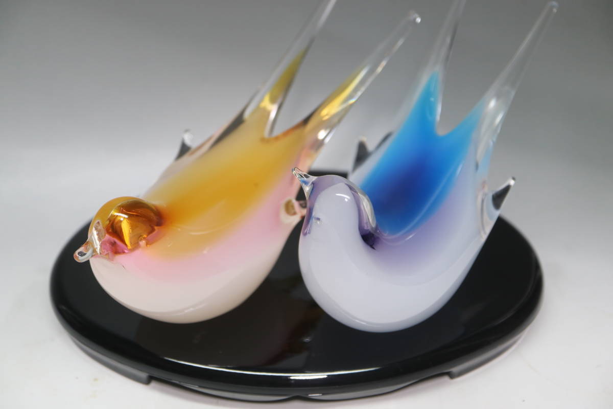 マルティグラス Multi Glass ペア鳥 台付 硝子細工