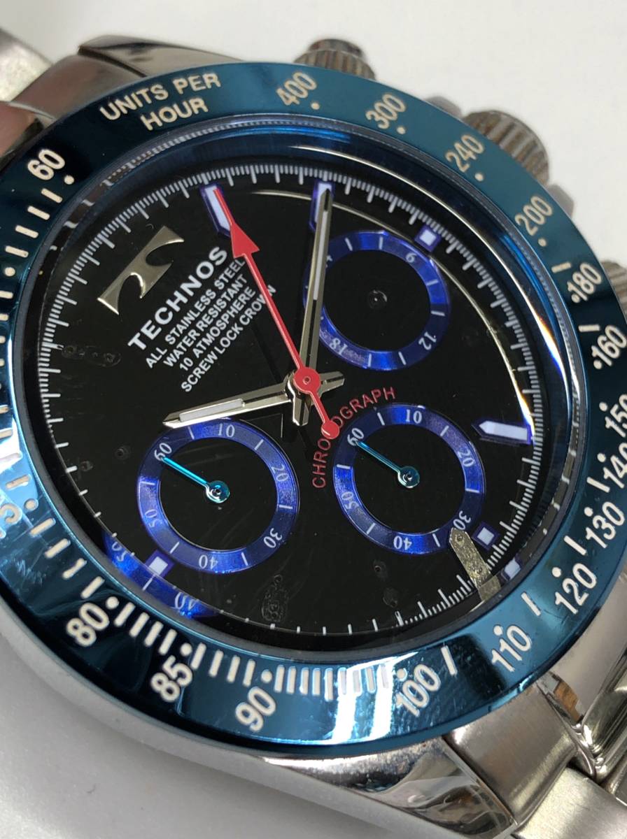 ジャンク TECHNOS クロノグラフ 腕時計 TSM401 文字盤ブラック ケースブルー系 テクノス 23120702_画像2