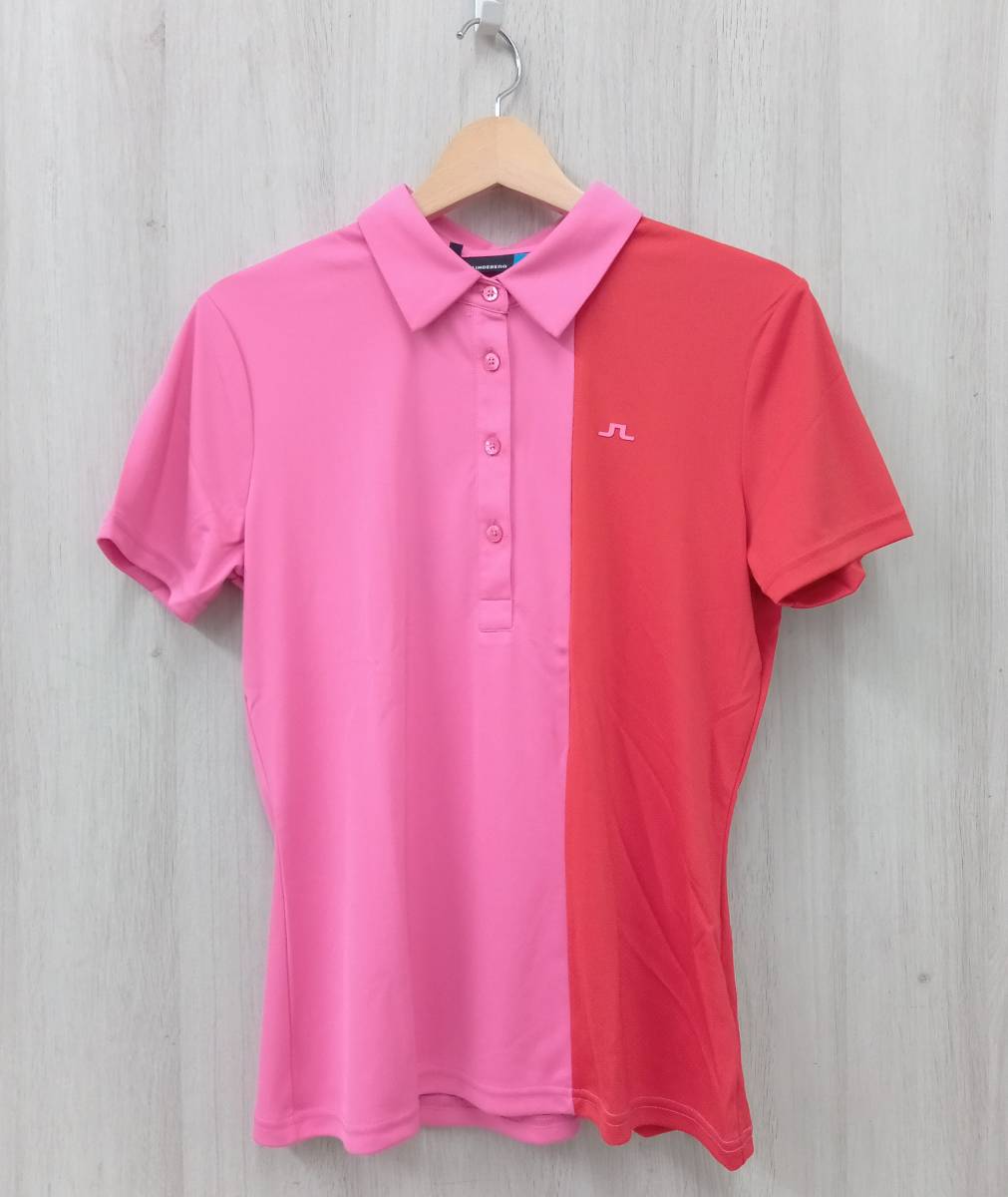 美品 タグ付き J.LINDEBERG ジェイリンドバーグ 半袖シャツ サイズ42 ピンク×レッド ゴルフ レディース