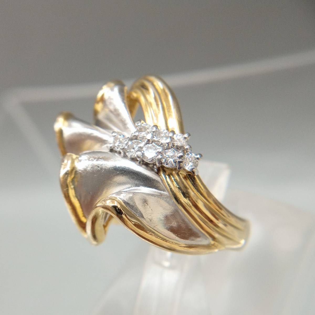 【送料0円】 コンビ 白金 プラチナ イエローゴールド Pt900 18金 K18 ダイヤモンド0.26ct 10.8g 11.5-12号 レース風 リボン メレダイヤ アンティーク風 イエローゴールド