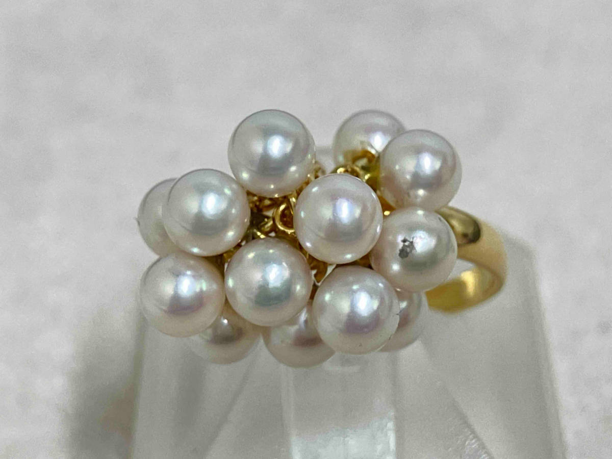 クリスマスツリー特価! K18/約3mm珠14粒白石/デザインリング/指輪/11号/3.2g イエローゴールド