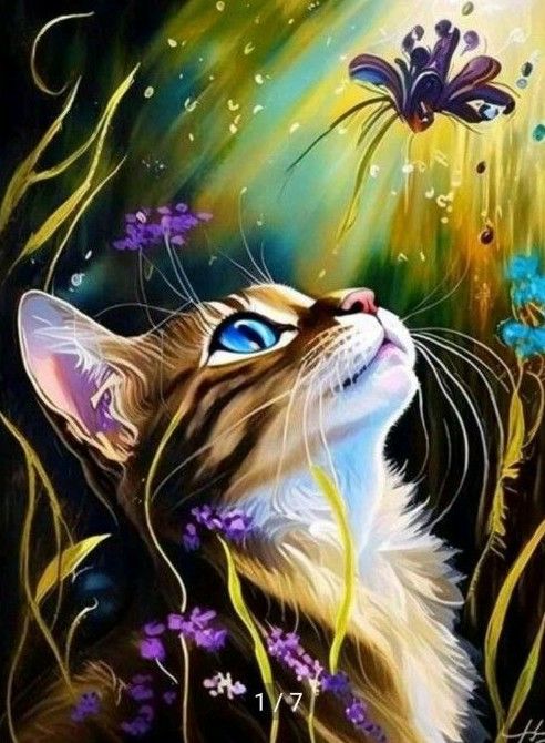 新品ダイヤモンドアートキット 30×40 青い瞳の猫と紫の花  菖蒲 アヤメ 綺麗なネコ