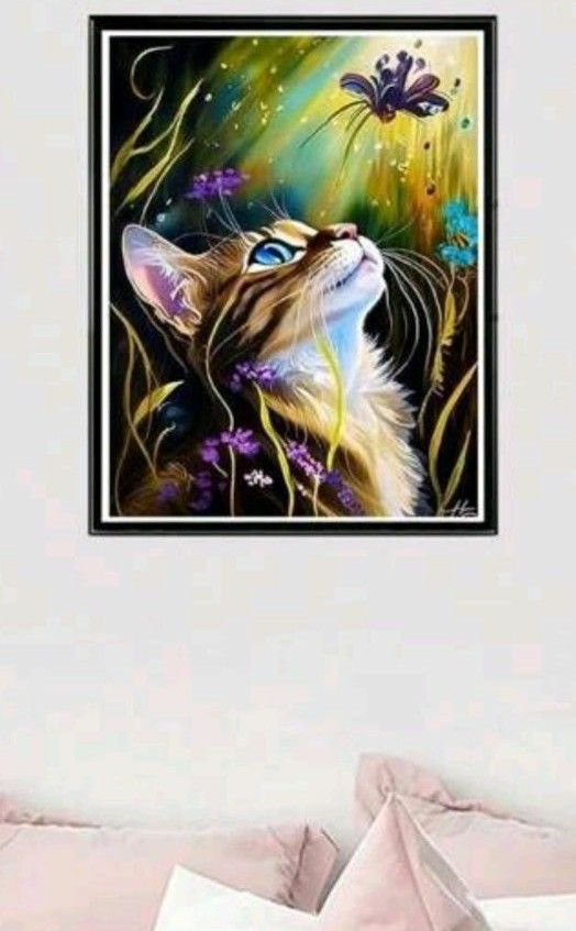 新品ダイヤモンドアートキット 30×40 青い瞳の猫と紫の花  菖蒲 アヤメ 綺麗なネコ