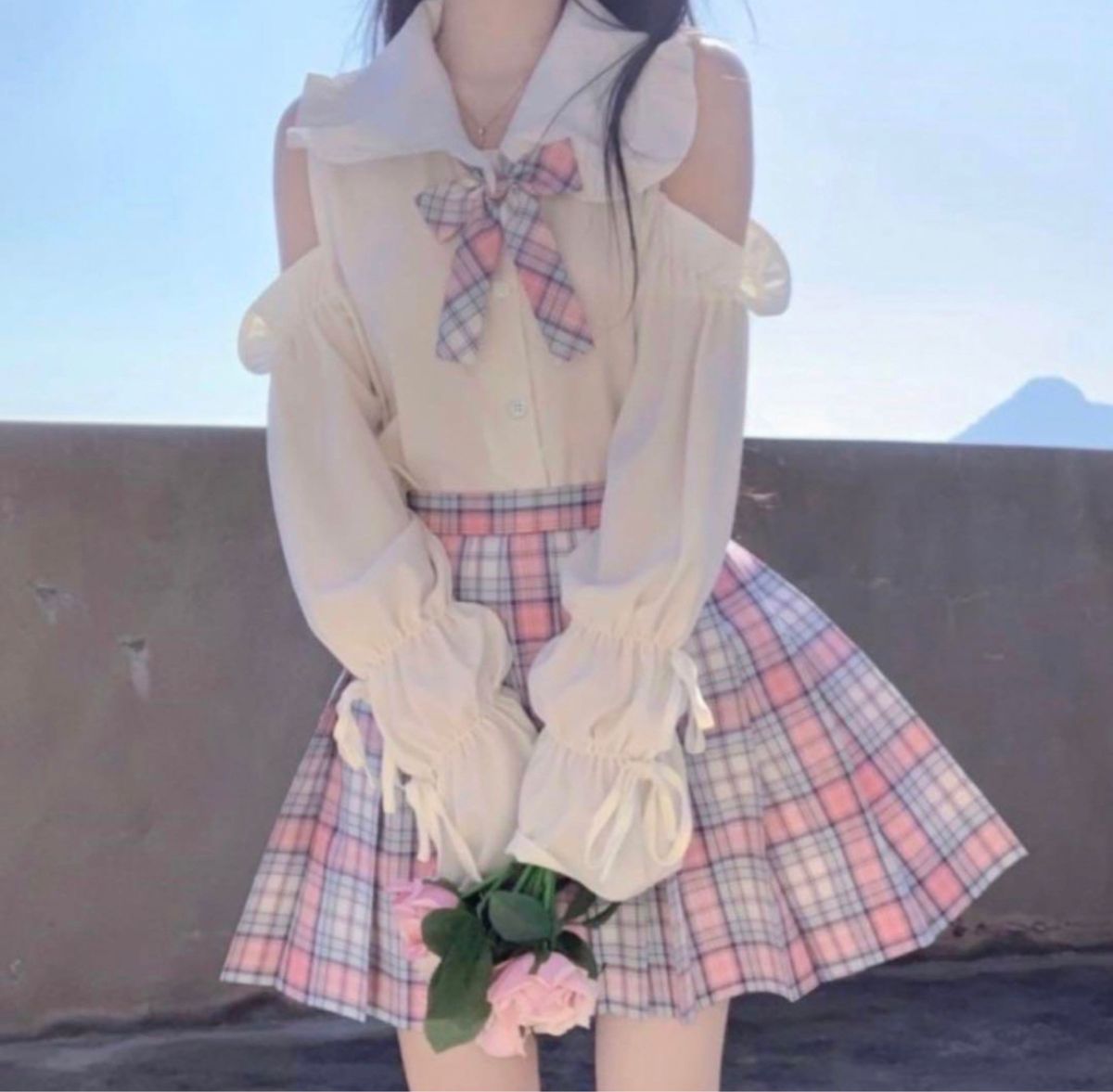 制服　地雷系　コスプレ　ブラウス　ロリータ　肩あき　コスプレ　大きいサイズ　グレー　長袖　