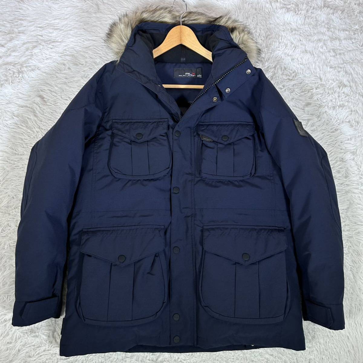 【未使用級】RLX Ralph Lauren ラルフローレン ダウンジャケット 2way ファー付き XLサイズ相当 メンズ ネイビー ミドル丈 極暖 肉厚_画像1