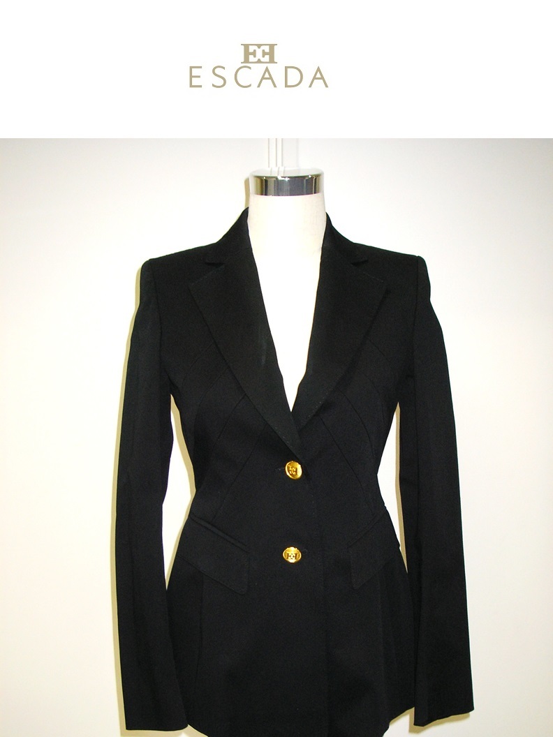 【新品・B品】ESCADA（エスカーダ）ブラックジャケット スーツ　セットアップ フォーマル 高級ジャケット 黒ジャケット ※襟によごれあり