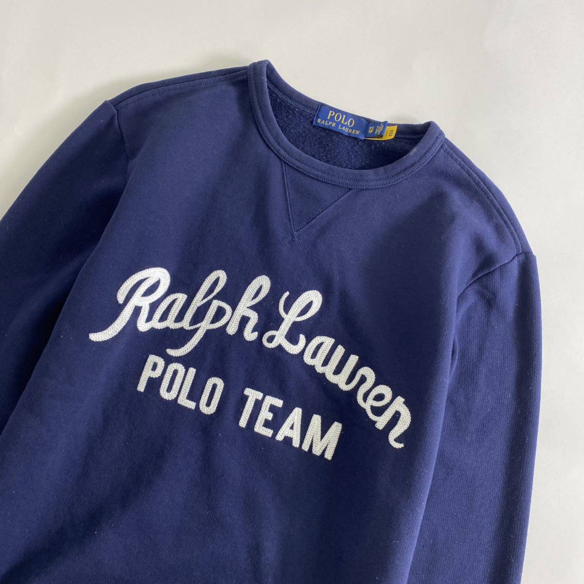 El9 POLO by Ralph LAUREN ポロ ラルフローレン チェーンステッチ フロントデカロゴ スウェット トレーナー 裏起毛 XS 実寸S相当 メンズ_画像3