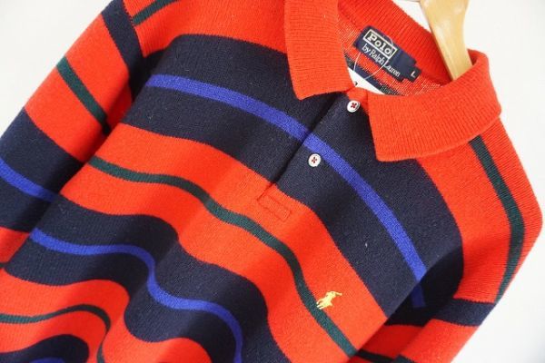 【即決】Polo Ralph Lauren ポロラルフローレン メンズ ニット トップス ウール 襟付き ボーダー 赤ベース サイズ：L 【845940】_画像2