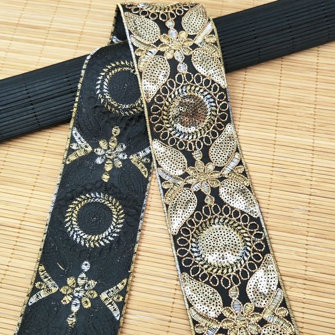 刺繍リボン テープ 黒 ブラック ゴールド 花 フラワー 幅約7cm 長さ約1.8m ハンドメイド 手芸 可愛い 高級 立体 金色糸の画像5