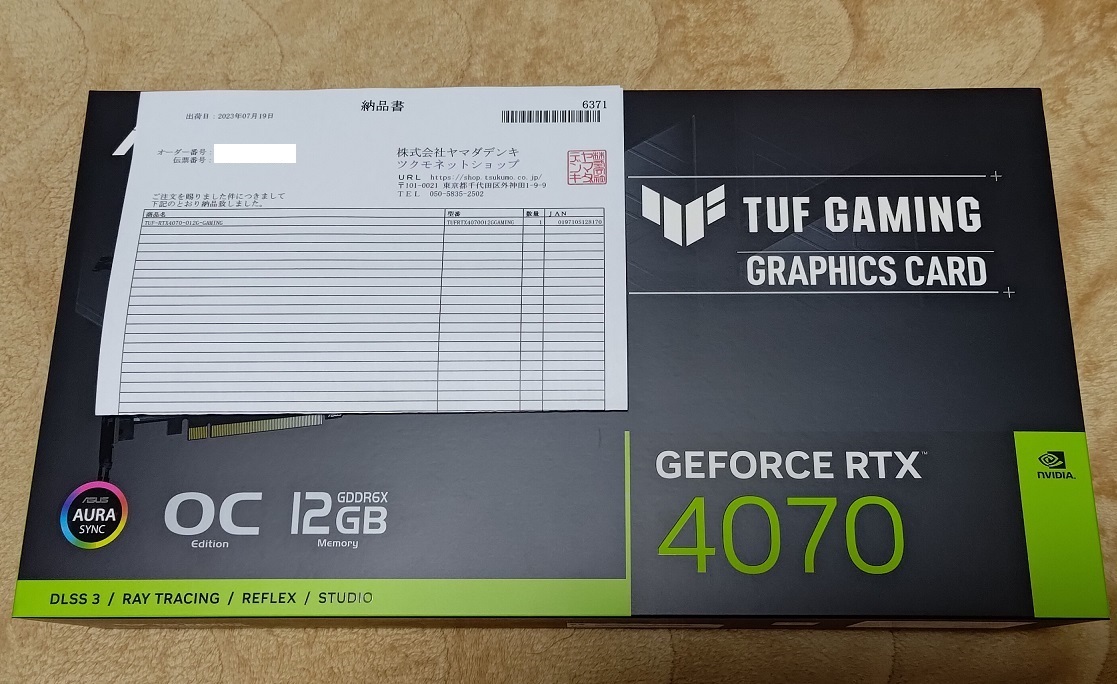 ASUS　TUF-RTX4070-O12G-GAMING　GPU　美品　国内正規品　PCゲーム　ほぼ未使用_23年7月19日購入(納品書あり)