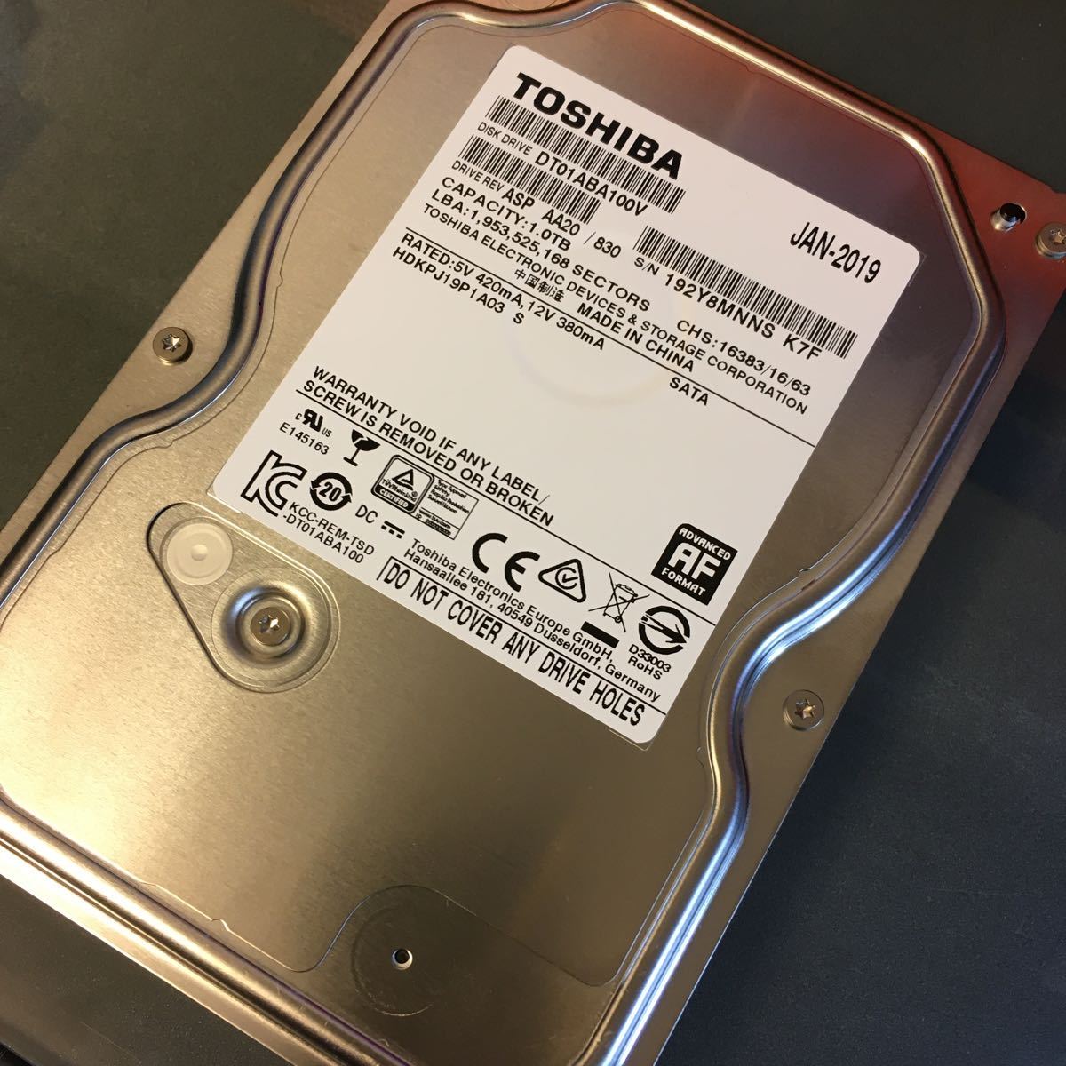 東芝 TOSHIBA DT01ABA100V 1TB 3.5インチ内蔵HDD [415回9201時間][正常]判定品 AVコマンド 対応 フォーマット済み_画像1