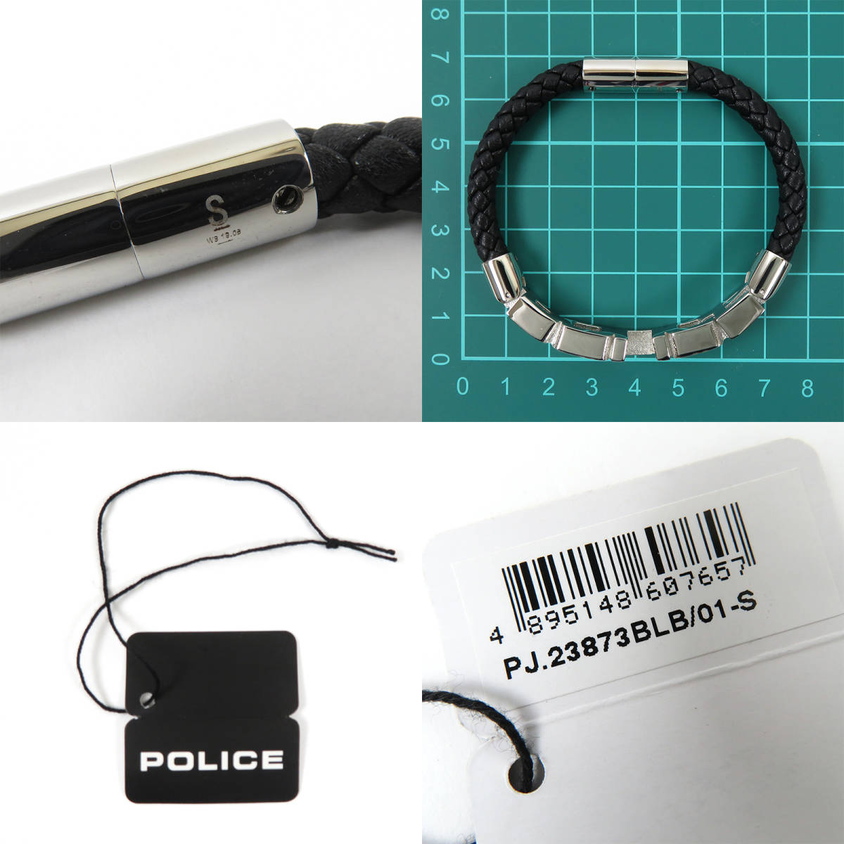 美品 POLICE ポリス 編み込みレザー ロゴ ブレスレット ブラック シルバーカラー メンズ_画像10