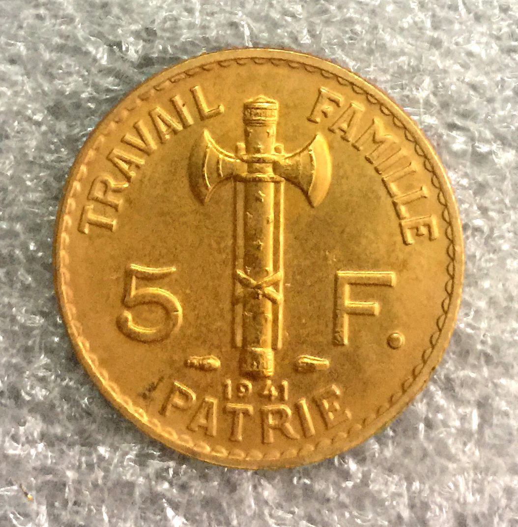  原文:1941年 フランス 5フラン 金貨 古銭 直径約22mm 重さ4.2g