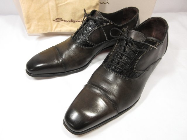 美品 【サントーニ Santoni】キャップトゥ クロコダイルレザー切替 紳士靴 ドレスシューズ (メンズ) size6 ブラウングレー系 ●18MZA4031●_画像1