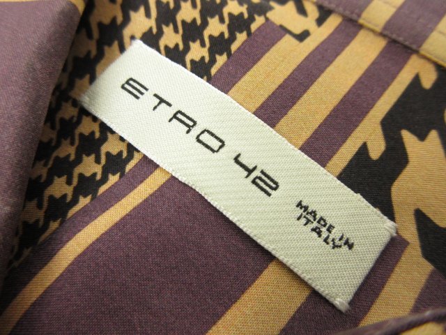 超美品【エトロ ETRO】シルク素材 千鳥プリント柄 ワイドカラー 長袖シャツ (メンズ)42 パープル×ベージュ 伊製 192-11451-5736●29MB3194_画像4