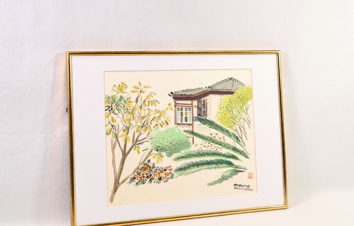 真作 石川晴久 水彩「神戸北野町ラインの館」画寸 50cm×38cm 兵庫県出身 日本美術家連盟会員 緑豊かな庭から眺める瀟洒な邸宅 異人館 8263_画像8