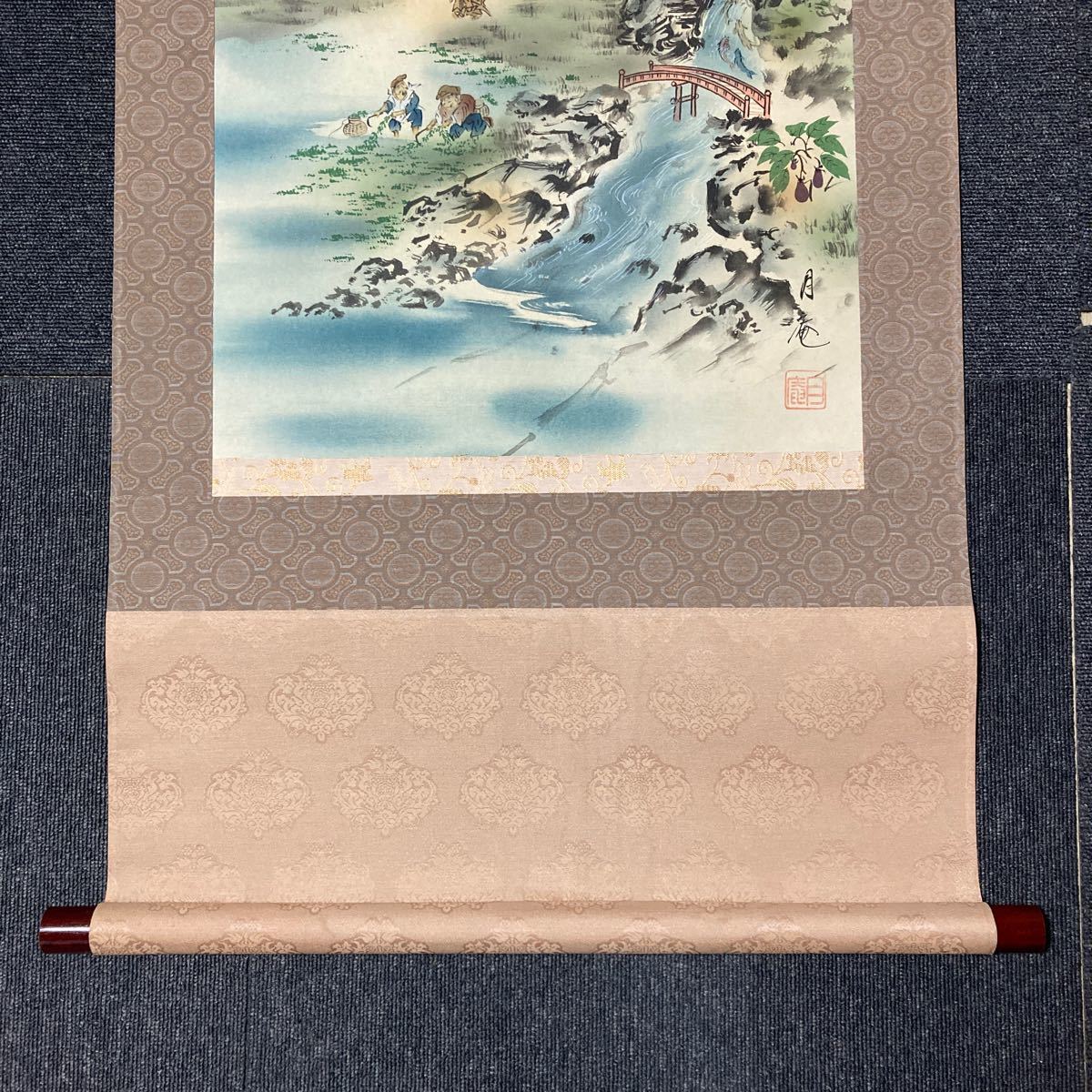 【模写】掛軸 月庵 絹本 山水 七福神 箱無 同梱可能 No.1846