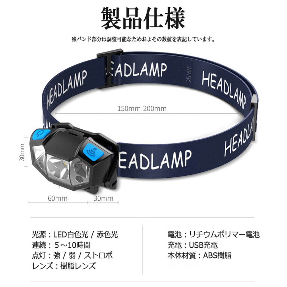 ヘッドライト 充電式 釣りLED 防災 ヘッドランプ センサー付き キャンプ USB LED 電池付 センサー付 5モード 角度調節可_画像6