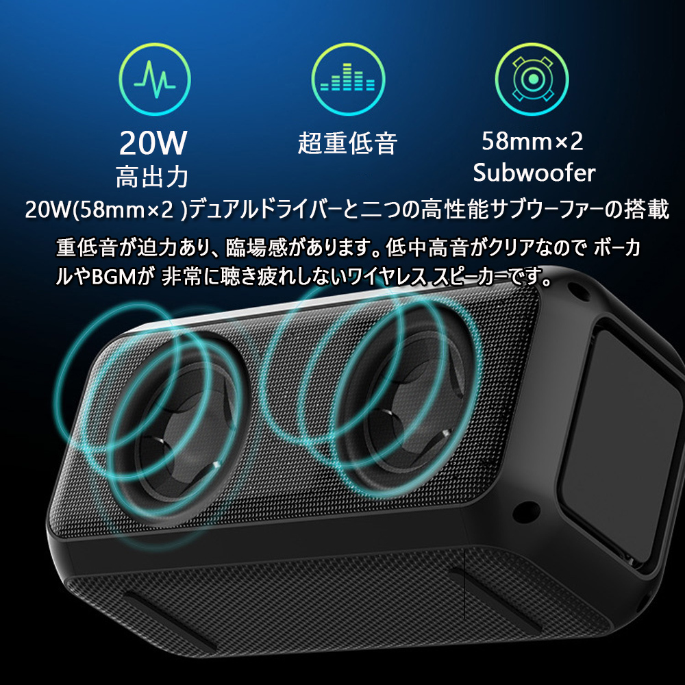 ブルートゥーススピーカー ワイヤレススピーカー Bluetooth5.0 20W 高音質 重低音 IPX4防水 ポータブル 充電式 マイク ハンズフリー_画像2