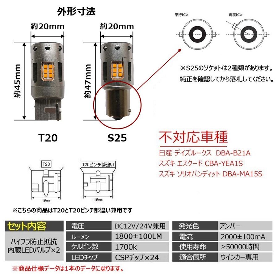 LEDウインカー T20/S25シングル アンバー ファン内蔵 ショートモデル 抵抗・キャンセラー内蔵 60W 3600LM ハイブリッド車対応 バルブ 2本_画像6