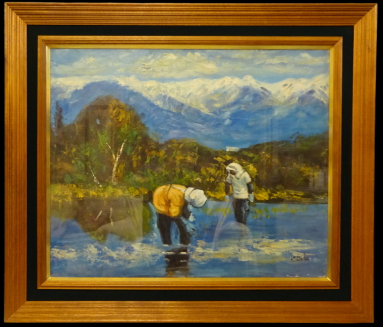  genuine work guarantee Kudo peace man [ rice field . scenery ] oil painting .F12 Daisaku gorgeous frame * one sheets. . handling work excellent article! 0. origin .. length day exhibition judgement . member ... group image ..