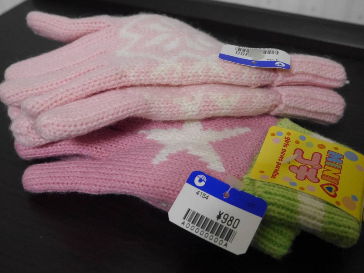 ◆未使用◆手袋 F/フリーサイズ（100-130） 2組セット ピンク 日本手袋工業組合 キッズ/子供用 アクリル 雪の結晶/星柄◆定300円可◆d16*15_画像9