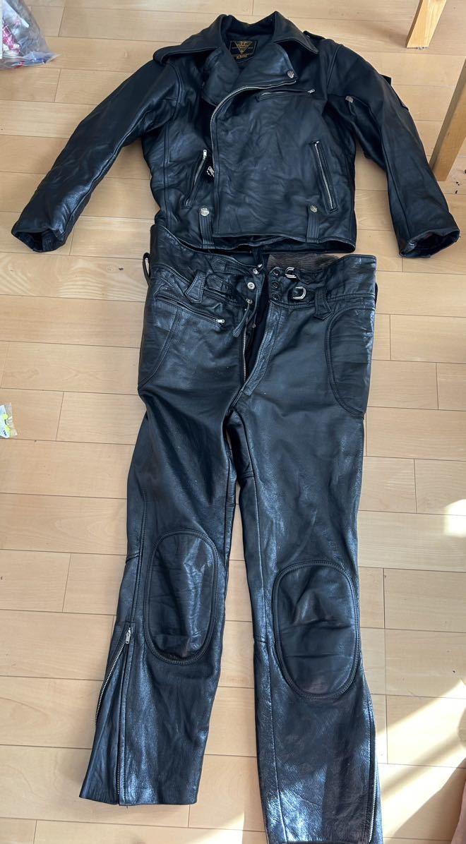 Vintage レザー バイクスーツ セパレートツナギ バイクウェア 牛革 黒 L