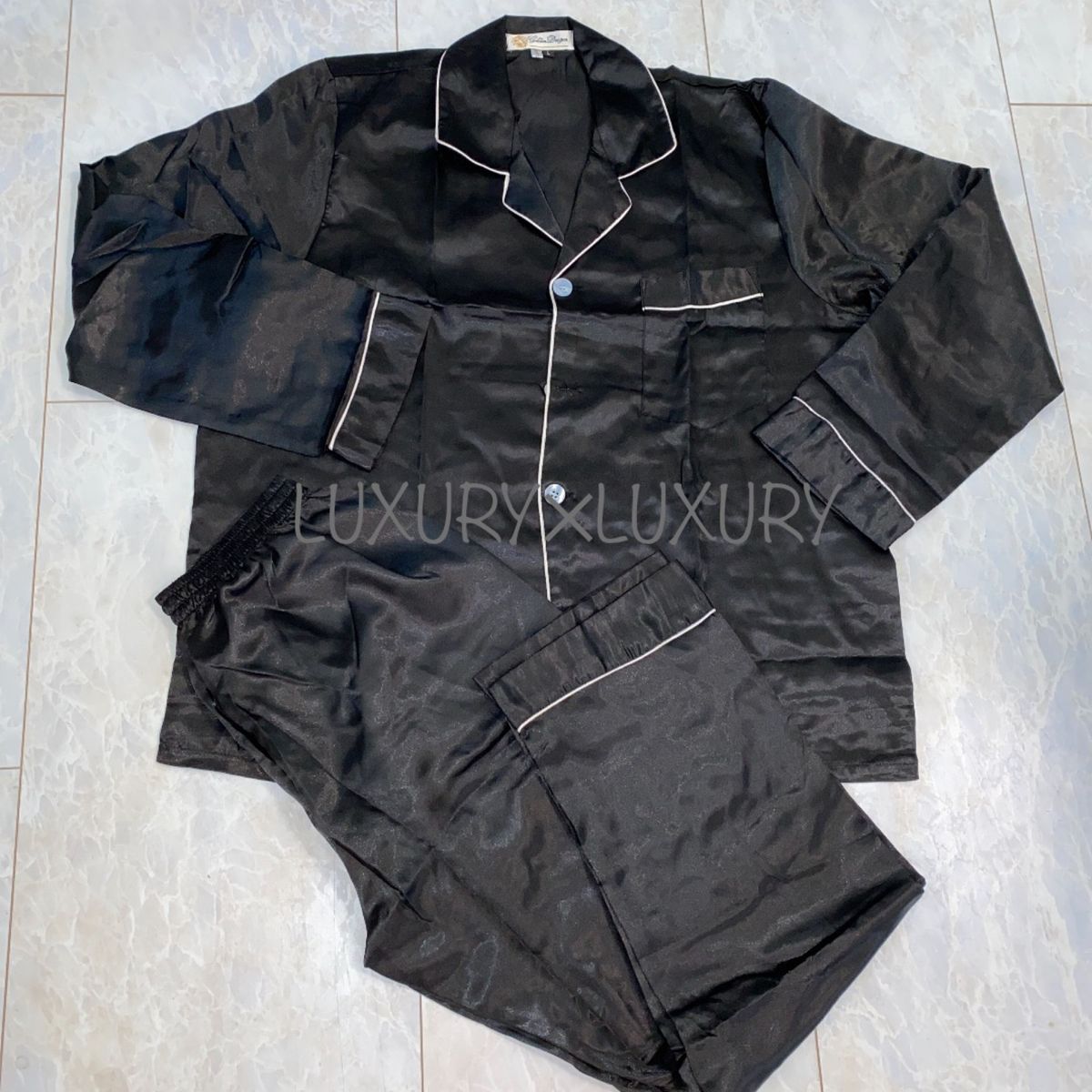 メンズXXL黒絹100%シルクパジャマ上下セットアップルームウエア長袖トップス&ボトムスズボン新品ギフトプレゼント高級部屋着