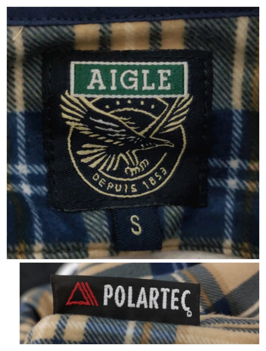 AIGLE（エーグル） ボタンダウンチェックシャツ S ベージュ×青 美品（De1） 長袖 ネルシャツ裏地（宅急便コンパクト）③_画像8